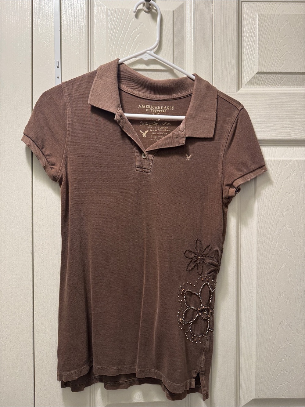 American Eagle Outfitters Brown Polo Top with Floral Stud Detail, Y2K fashion.